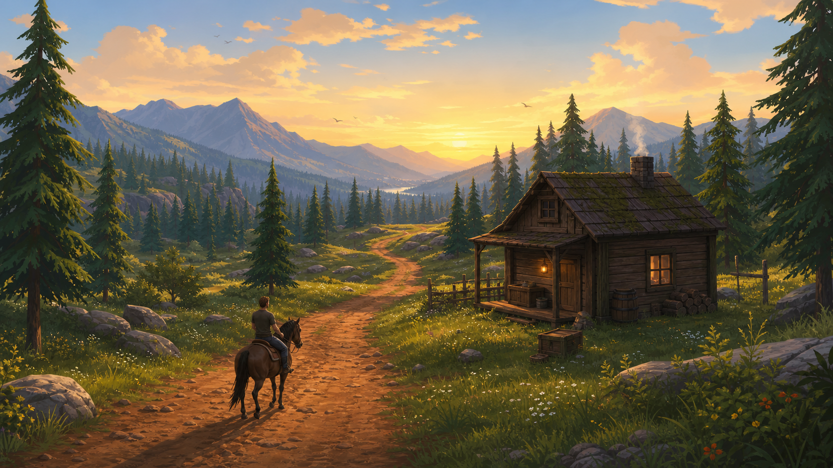 Stylized Long Ride placeholder art showing a rider approaching a lonely cabin by the road.