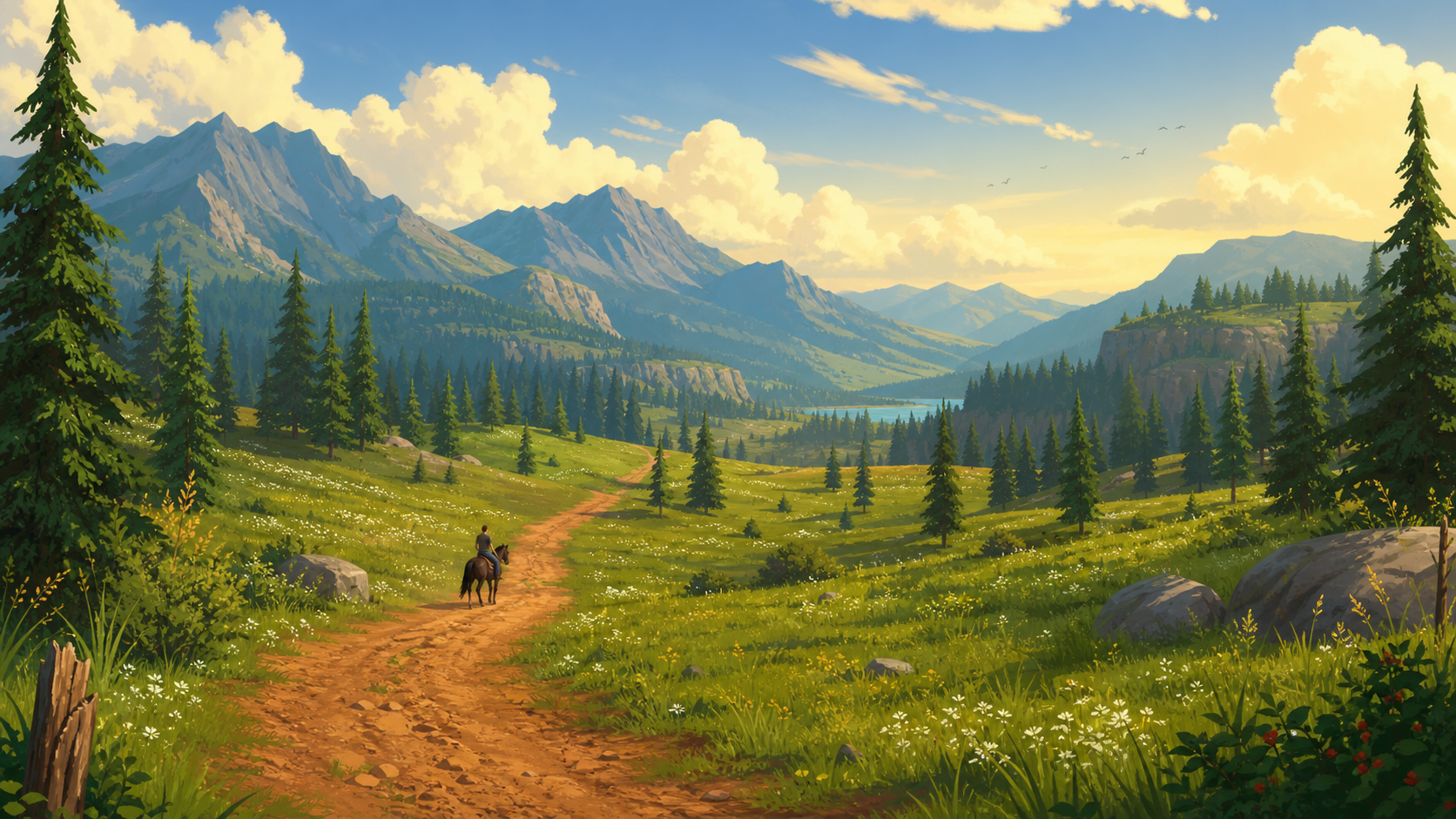 Stylized Long Ride placeholder art showing a clay road through sunny meadows toward mountains.