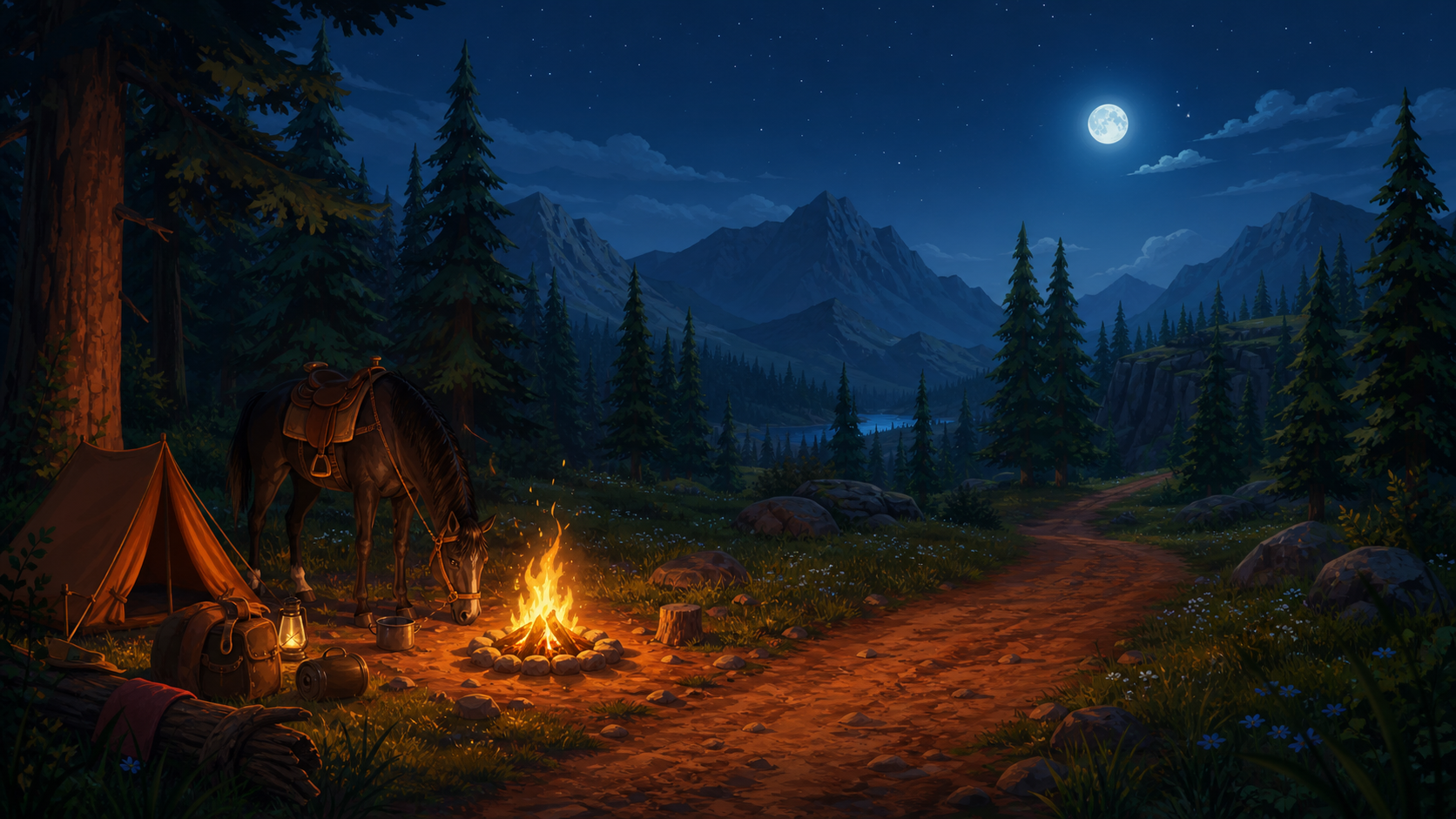 Stylized Long Ride placeholder art showing a horse resting by a campfire beside a night road.